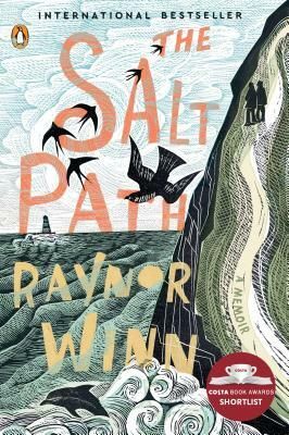 Book Cover of The Salt Path by Raynor Winn, illustration of a coastal landscape with two people walking on a cliff path, birds and dolphins