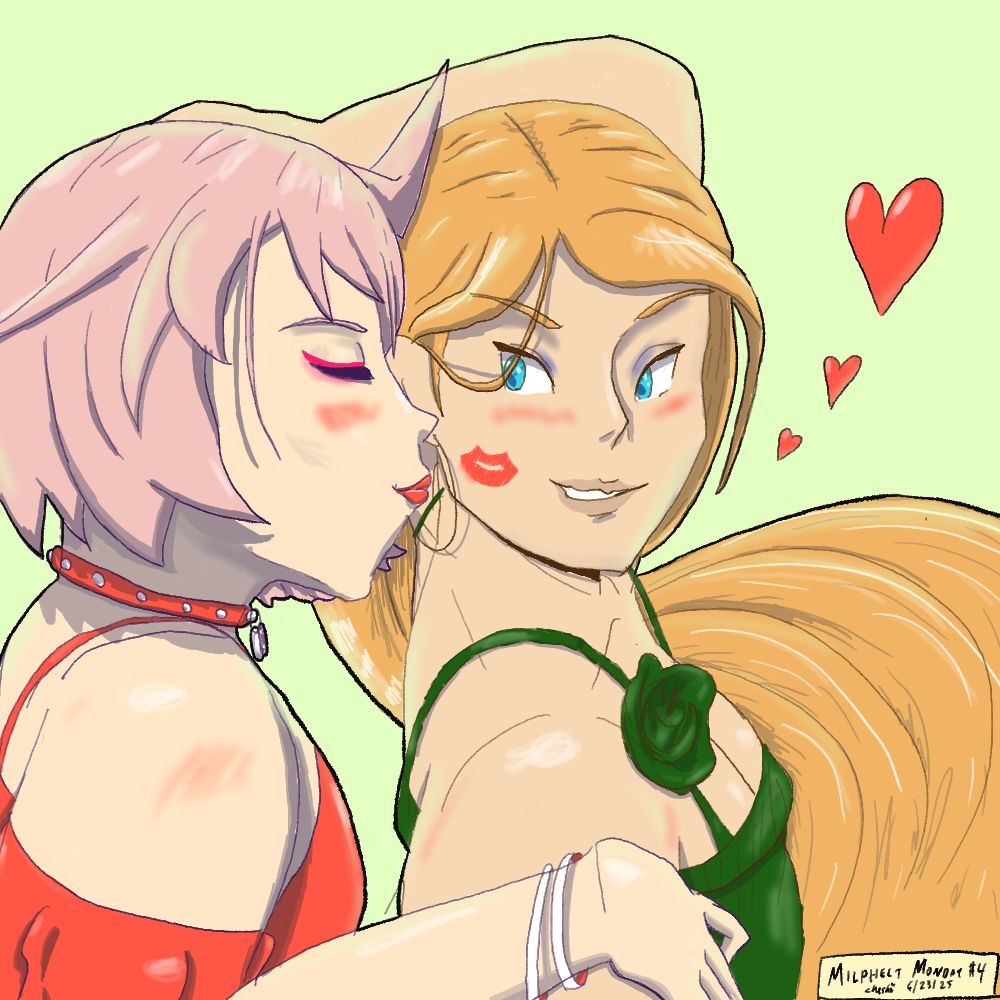 Guilty Gear Strive characters: Elphelt Valentine and Millia Rage
Elphelt has left a lipstick mark on Millia's cheek :>