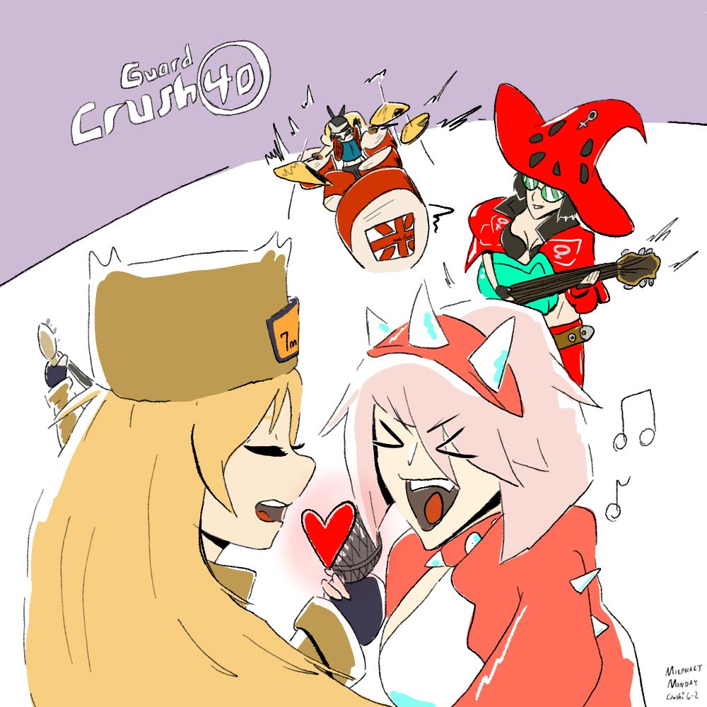 Four characters from Guilty Gear Strive start a parody band called Guard Crush 40 
Elphelt Valentine: vocals
Millia Rage: Bass guitar
I-No: Electric guitar
Axl Low: Drums