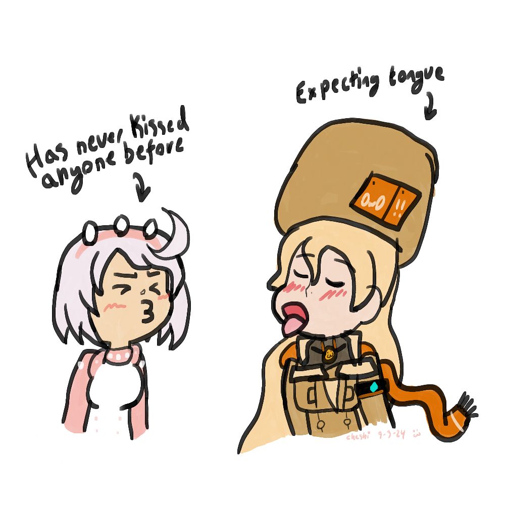 Elphelt Valentine and Millia Rage, from Guilty Gear Strive, are going to engage in a kiss! Elphelt, being unconfident in herself, closes her eyes tightly and purses her lips. Millia Rage, obviously not on the same wavelength, has her tongue out and is preparing for a much different kind of kiss. 

The caption above Elphelt has an arrow pointing to her and reads "Has never kissed anyone before"

The caption above Millia has an arrow pointing to her and reads "Expecting tongue"

This art was drawn on September 3rd, 2024 and was my second fully colored piece featuring both of them. I had no idea what i was doing at the time lmao but it was fun :>