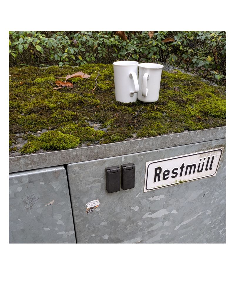 Zwei weiße Keramiktassen stehen zu-/oder abgewandt auf einem dick bemoosten Restmüllcontainer. Im Hintergrund Hecke. 