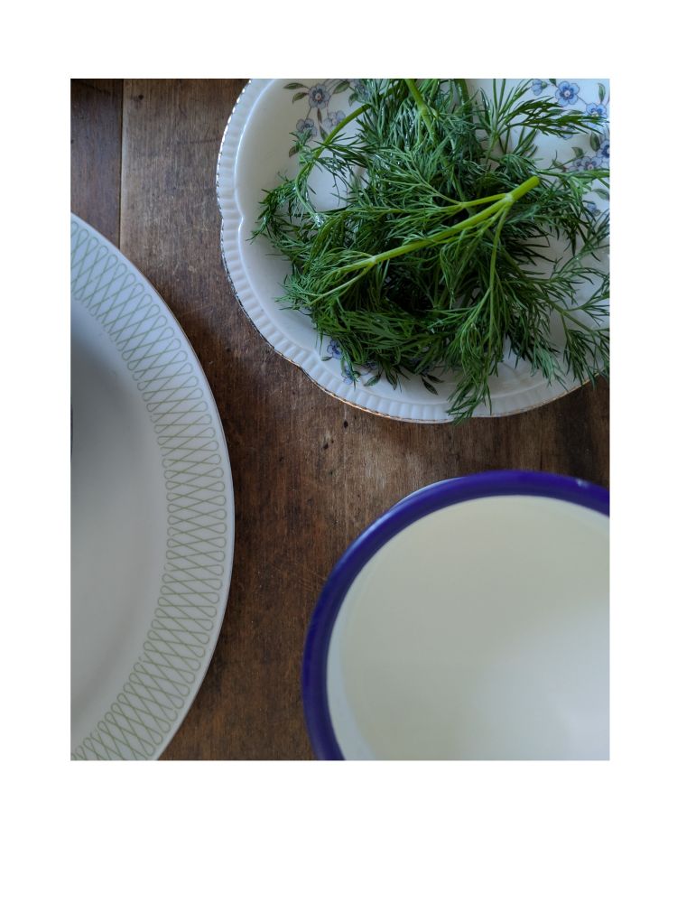 Ein geblümter Teller mit Dill, ein Emaillebecher mit Milch und ein Teller mit gemustertem Rand, auf dem ein Schatten liegt. 