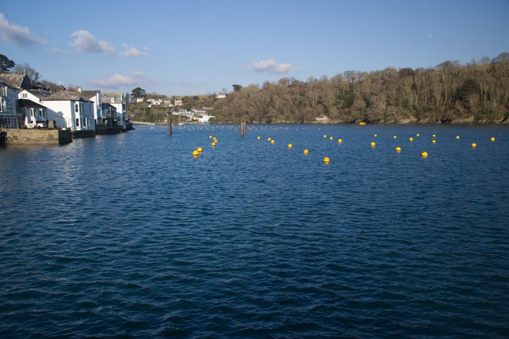 A view of the river Fowey showing lines of yellow marker buoys showing the empty moorings. A Bright winters day in Cornwall.