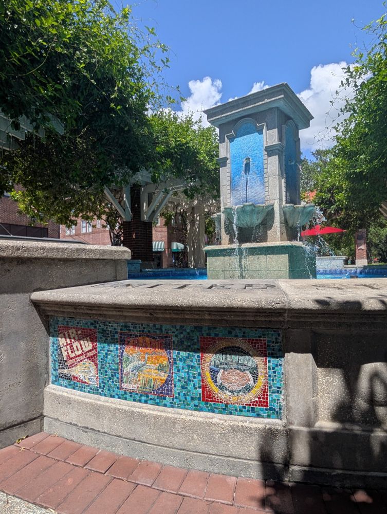 Fountain in the central historic district of Winter Garden with citrus crate tile mosaics.