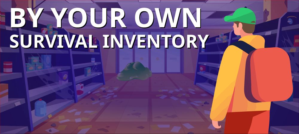 A cartoon ilustration of a man with a backpack in an abandoned store