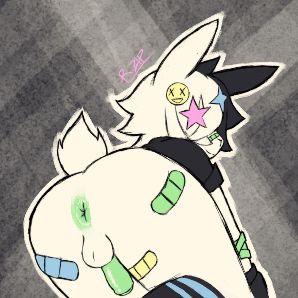 Bunny shows his asshole to camera. He has half white and black hair, has colorful bandages on his ass and face, and is looking back smiling at the viewer.