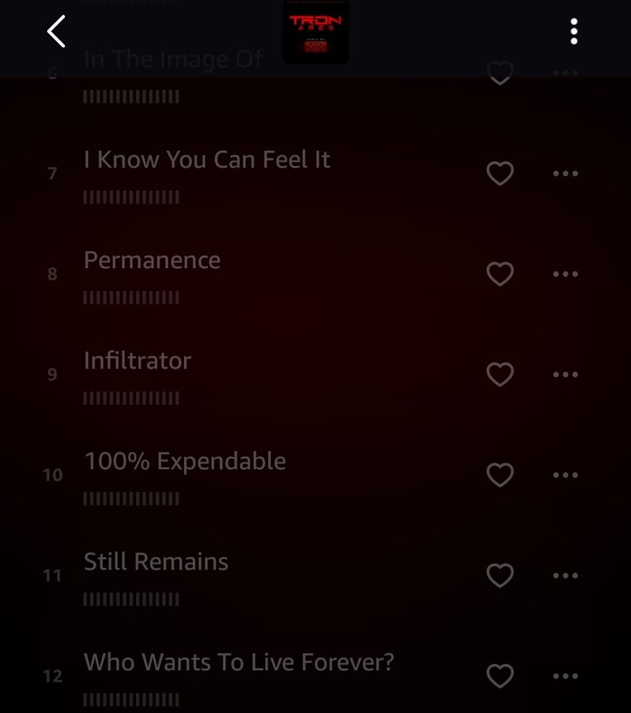 A listing of tracks 7-12 of the NIN Tron: Ares soundtrack l. Track 12 is "Who Wants To Live Forever?"