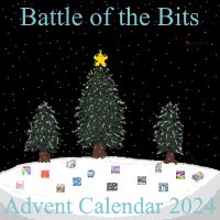 Three pine trees with a star on top in the middle whilst the snow covers the trees lightly. Text says "Battle of the Bits" "Advent Calendar 2024". There are 14 icons on the ground from BotB's icons that represent what the battle is about.