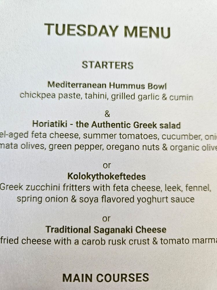 An extract from the menu in a Greek restaurant, showing the choice of starters 