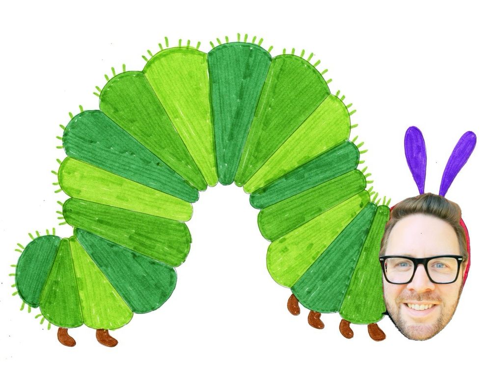 A high quality illustration of a Very Hungry Caterpillar with the face of Matt Andrews 