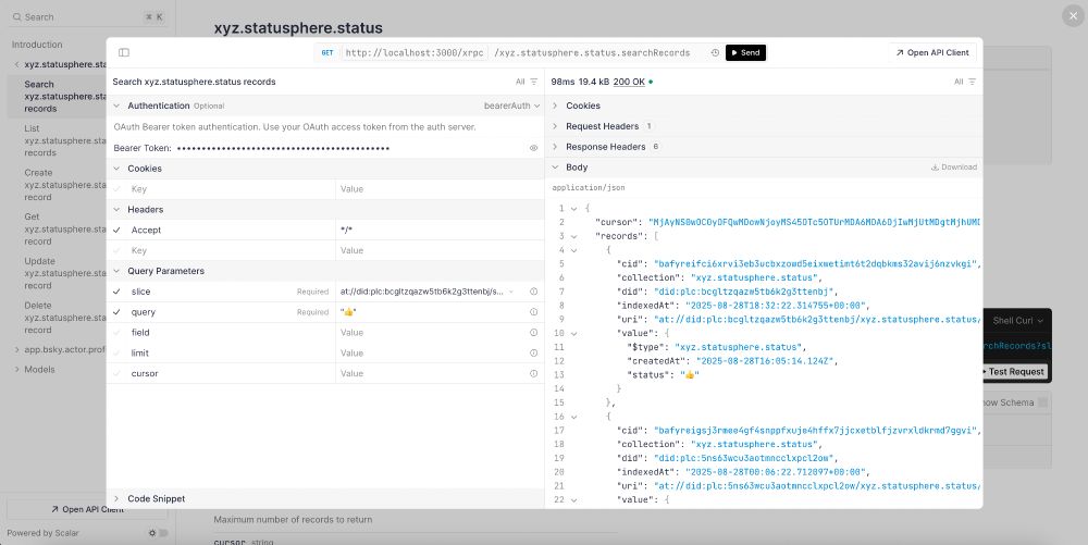 screen of the slices app showing open api docs with a panel open to modify and make a request 