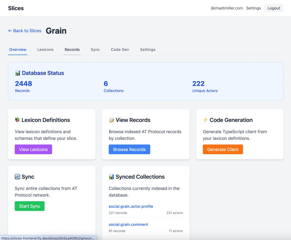dashboard of slice showing how many records are indexed and links to other slice things like lexicons, record explorer, code gen, and sync.