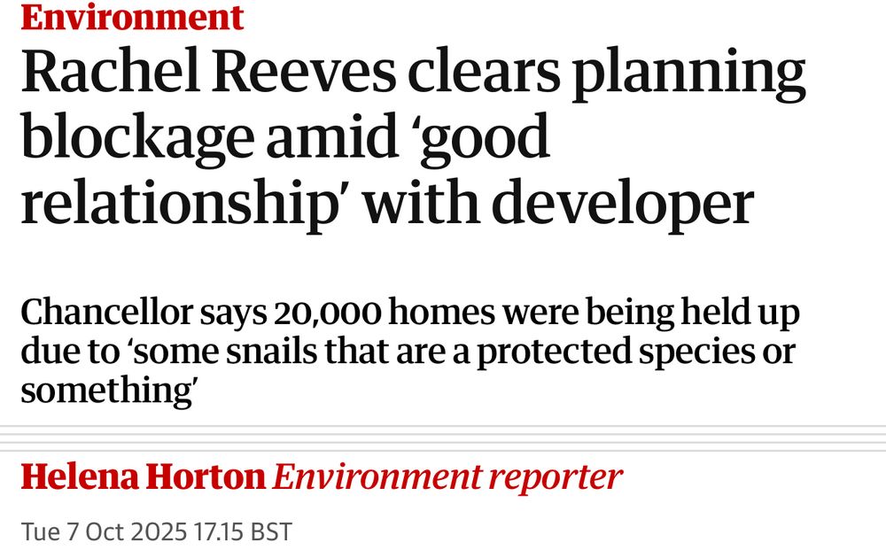 Environment
Rachel Reeves clears planning blockage amid 'good relationship' with developer
Chancellor says 20,000 homes were being held up due to 'some snails that are a protected species or something'
Helena Horton Environment reporter
Tue 7 Oct 2025 17.15 BST