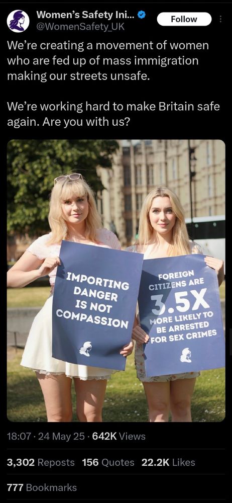 Women's Safety Ini... @WomenSafety_UK 
We're creating a movement of women who are fed up of mass immigration making our streets unsafe. 

We're working hard to make Britain safe again. Are you with us?