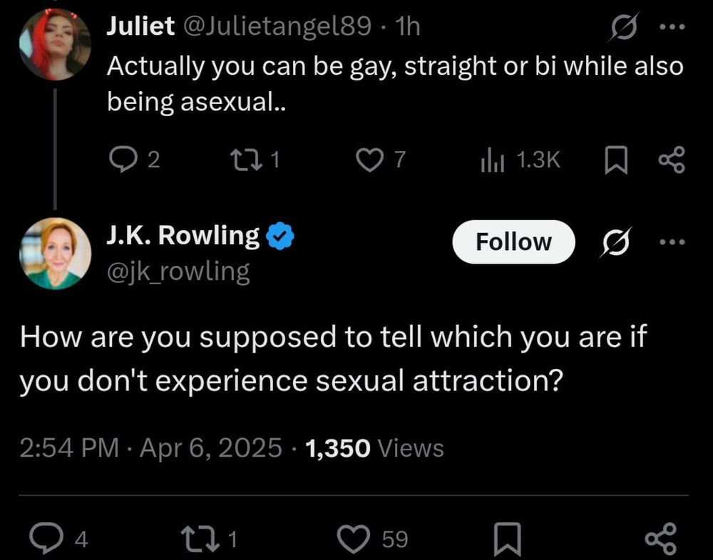 Juliet @Julietangel89. 1h
Actually you can be gay, straight or bi while also being asexual..

J.K. Rowling @jk_rowling

How are you supposed to tell which you are if you don't experience sexual attraction?