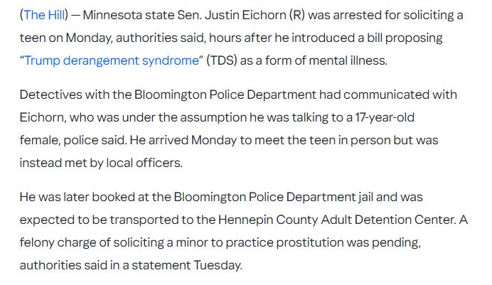 (The Hill) - Minnesota state Sen. Justin Eichorn (R) was arrested for soliciting a teen on Monday, authorities said, hours after he introduced a bill proposing "Trump derangement syndrome" (TDS) as a form of mental illness.

Detectives with the Bloomington Police Department had communicated with Eichorn, who was under the assumption he was talking to a 17-year-old female, police said. He arrived Monday to meet the teen in person but was instead met by local officers.

He was later booked at the Bloomington Police Department jail and was expected to be transported to the Hennepin County Adult Detention Center. A felony charge of soliciting a minor to practice prostitution was pending, authorities said in a statement Tuesday.