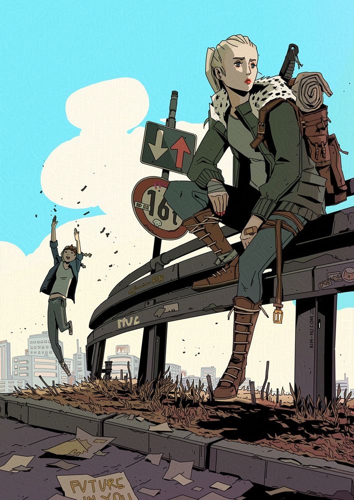 Illustration of a girl sitting on a guardrail by the roadside.