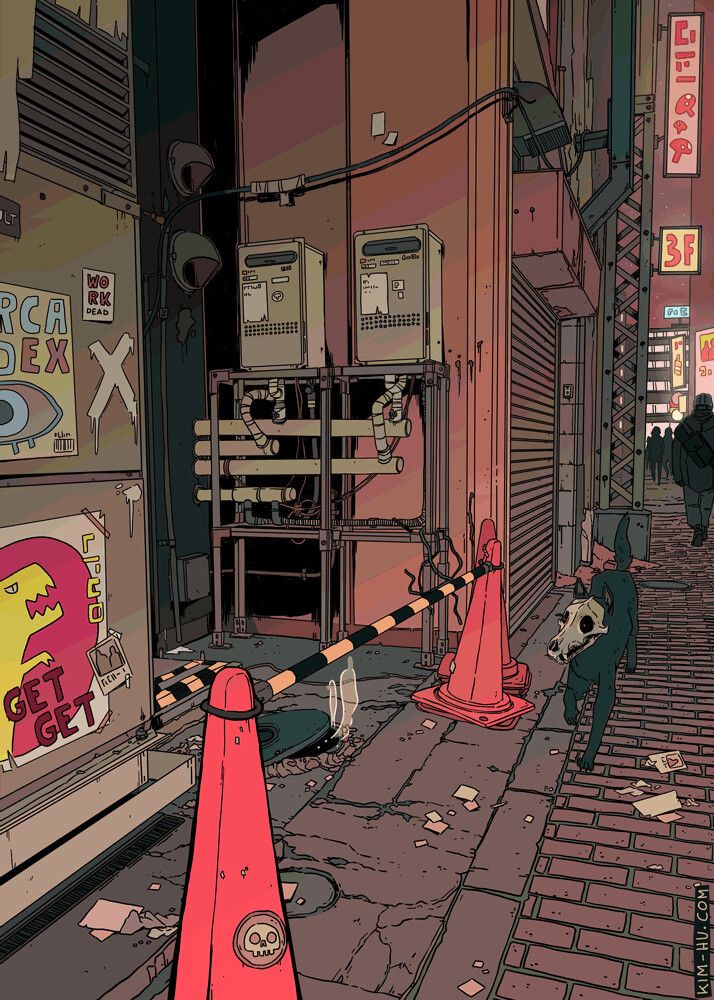 Illustration of a dog strolling down a street.
