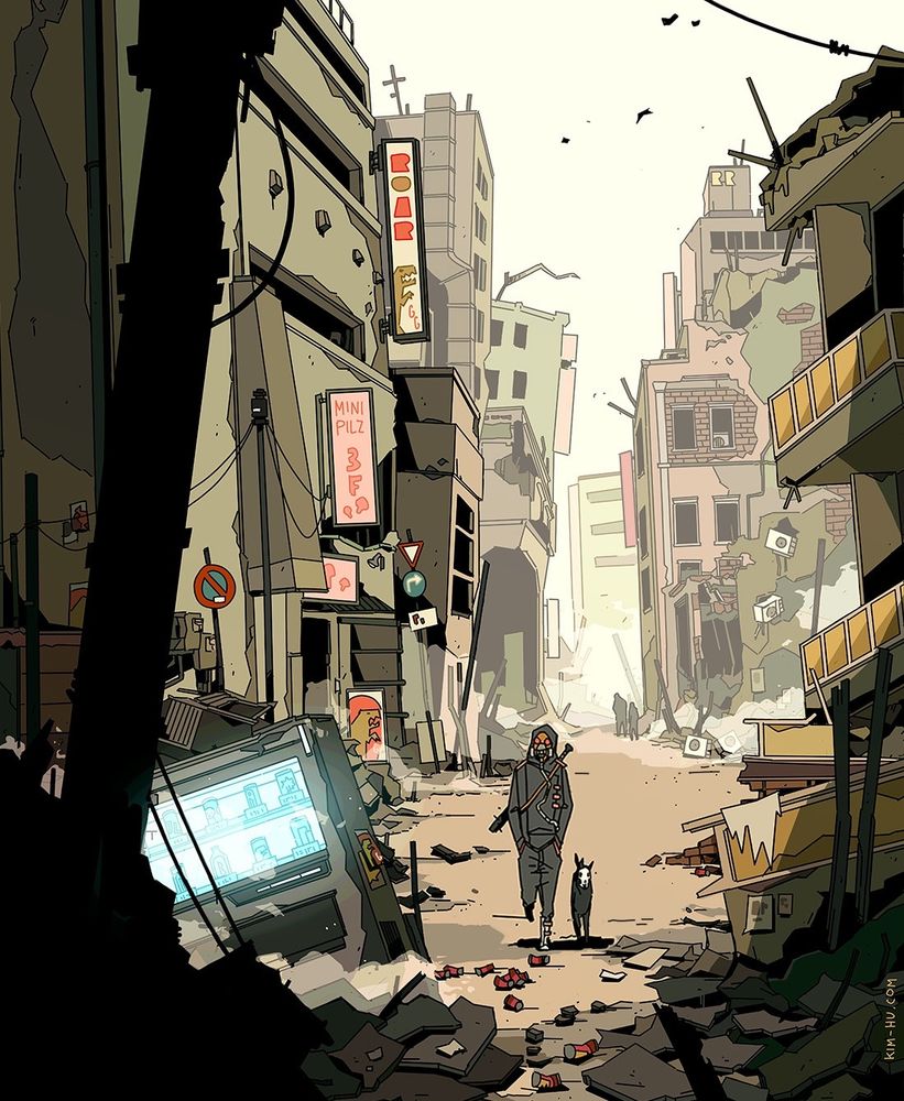 A person and a dog walking through a destroyed city.