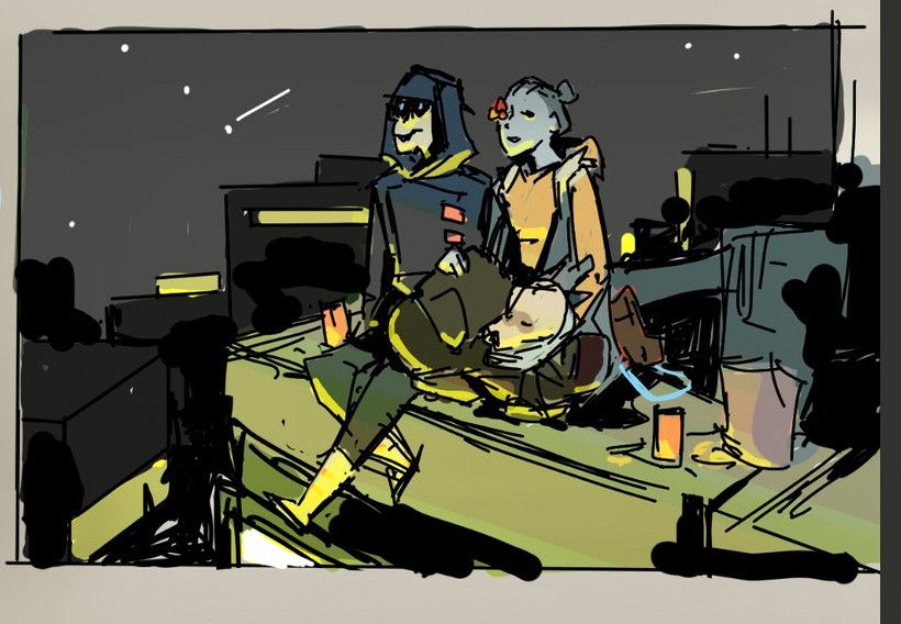 Sketch of my characters Fritz, Momo and K9 the dog sitting on a rooftop at night