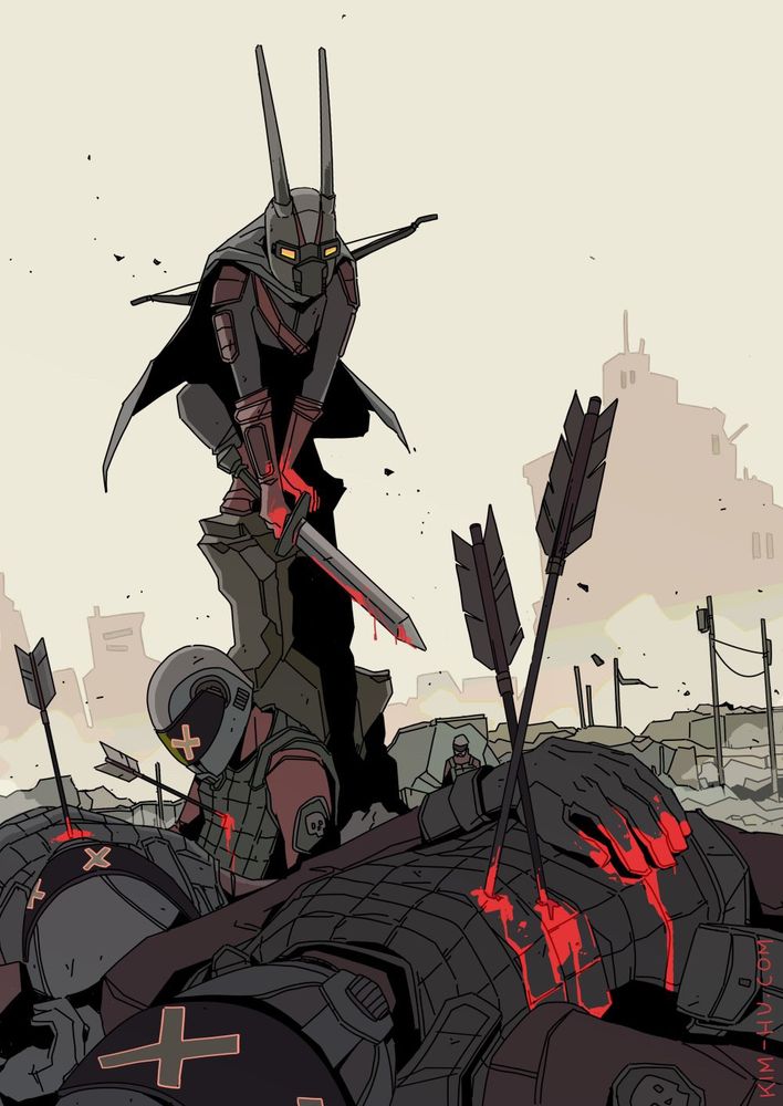 Person in sentai-style armor overlooking a battlefield