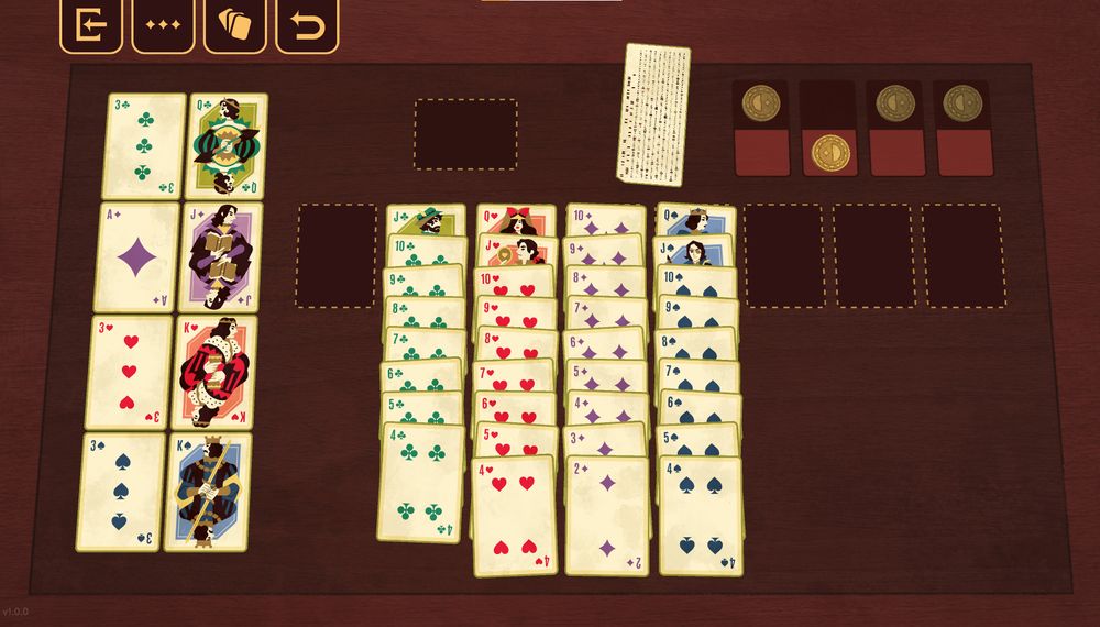 A Game of Occlude, cards are in columns gathered by suit descending. Some coins indicate the game state in the top right. The Punchcard level is shown. 