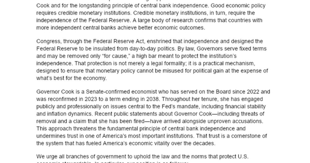 Click here to add your signature. An Open Letter from Economists in Support of Governor Lisa Cook and Federal Reserve Independence To the President, Members of Congress, and the American public: We wr...