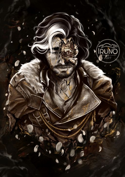 A portrait of Verso, from Expedition 33. Gold is the main color. 
He is very sad and tired, eye closed, and has cracks all over his face and neck, mended with gold, though some cracks have opened again. A piece of his face is completely broken, the remaining broken pieces around the hole imitate the ones in Verso's soul's face.
Inside the hole we see Verso's young soul painting. 
Verso is breaking, disintegrating, representing how the passage of time and the events he has lived have slowly wear him down. There are white petals and chroma around him.