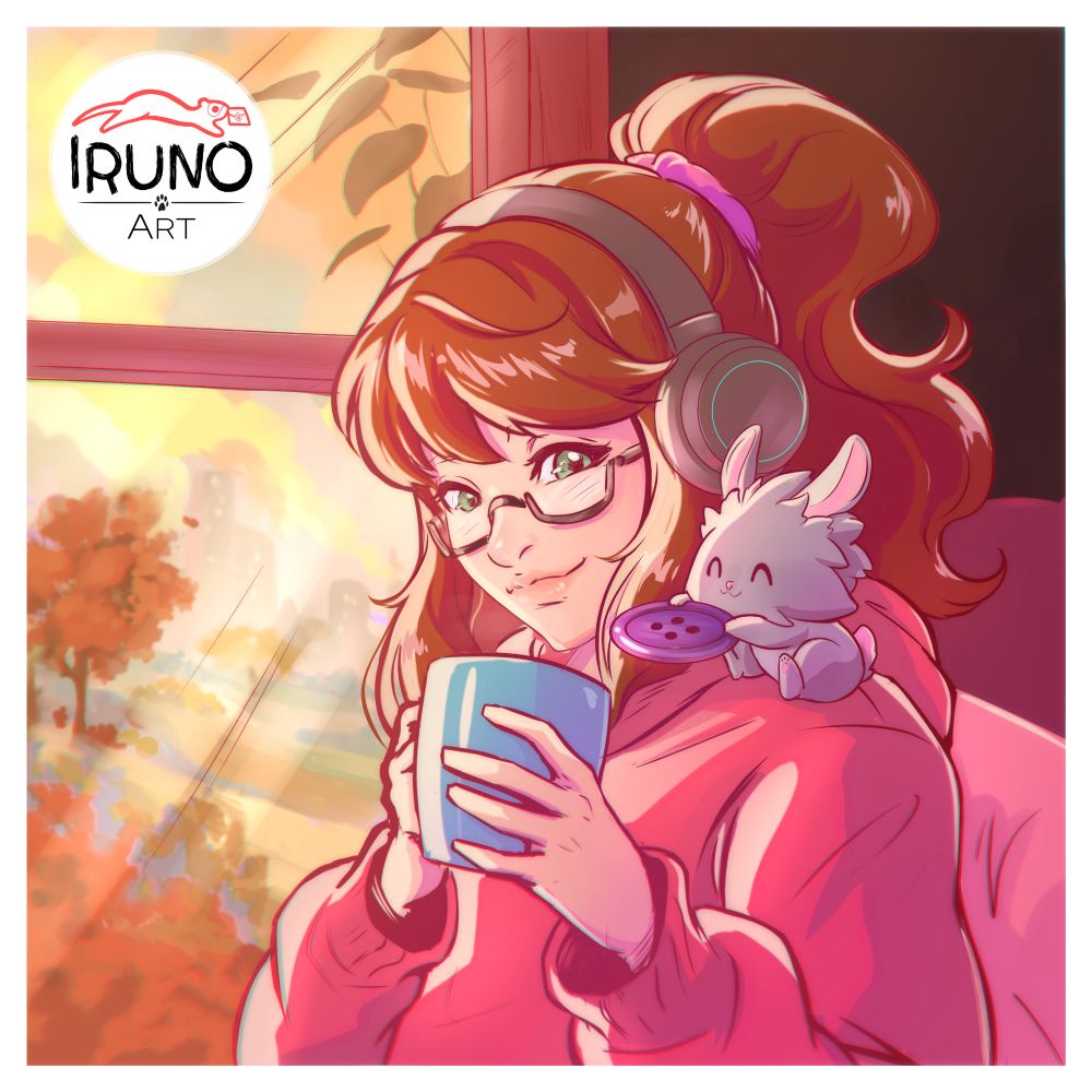 illustration of a girl, wearing a red hoodie, ponytail, black glasses and headphones, sitting next to a window, holding a  blue mug. A little creature that looks like a bunny is sitting on her shoulder. They are trying to put their favourite button inside the mug, pretending to be a cookie. The girl is looking and smiling. Through the window we see trees and a city. The sun is setting so a warm light is coming through. The illustration is based on Spirit City, and is made by Iruno.