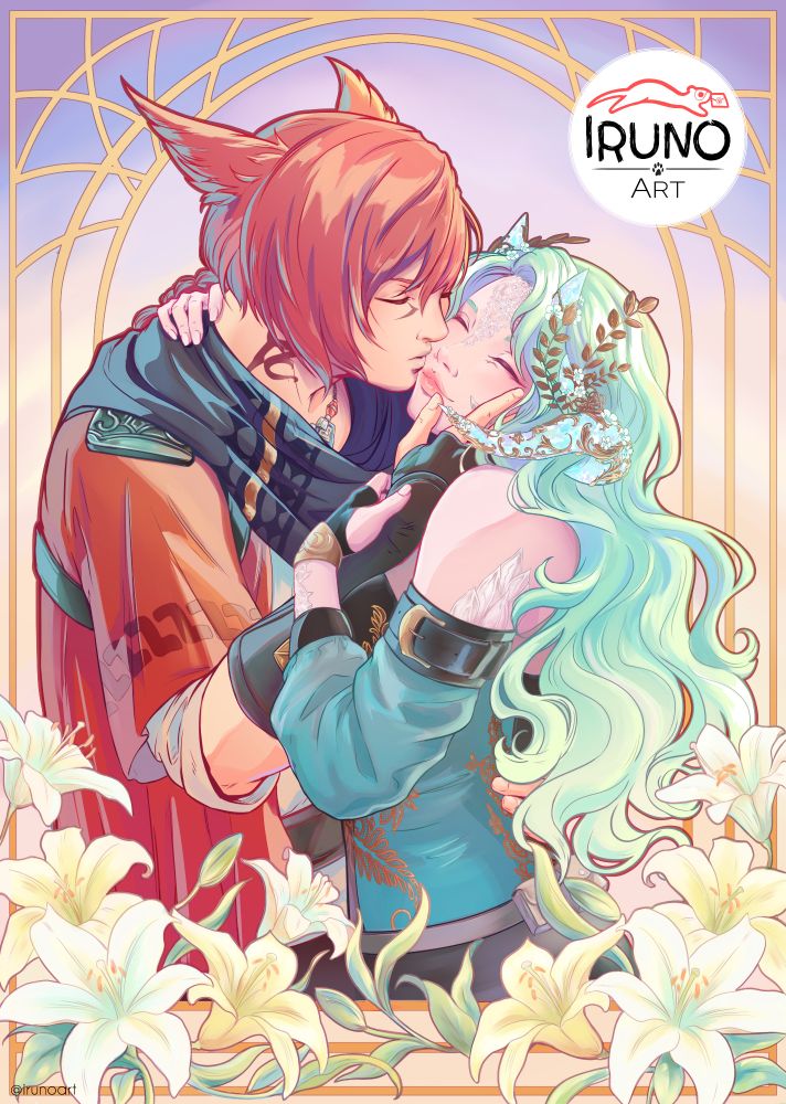 Picture shows a drawing of Graha from FFXIV and someone's Warrior of Light. Graha is kissing the WoL on the cheek, holding her face and waist. She is happy and holding his hand and neck. There are lilies on the bottom part of the image. Pose is similar to Klimt's "The Kiss". Colors are soft and warm.