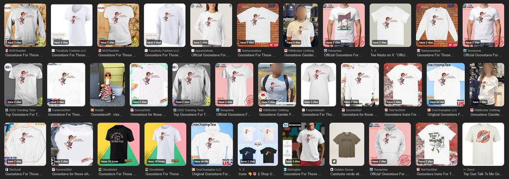 A picture of a ton of merchandise being sold by other stores with my Goosetave art, without consent.