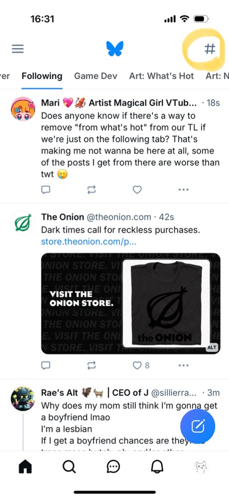 screenshot of my following feed the # button in the top right corner has been highlighted in a yellow circle
