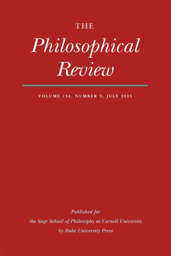 Cover of The Philosophical Review, Volume 134, Number 3, July 2025. The design features a solid red background with the journal title in large white serif text, centered in the upper half. A thin teal horizontal line separates the title from the issue information below. At the bottom, white text states that the journal is published for the Sage School of Philosophy at Cornell University by Duke University Press.