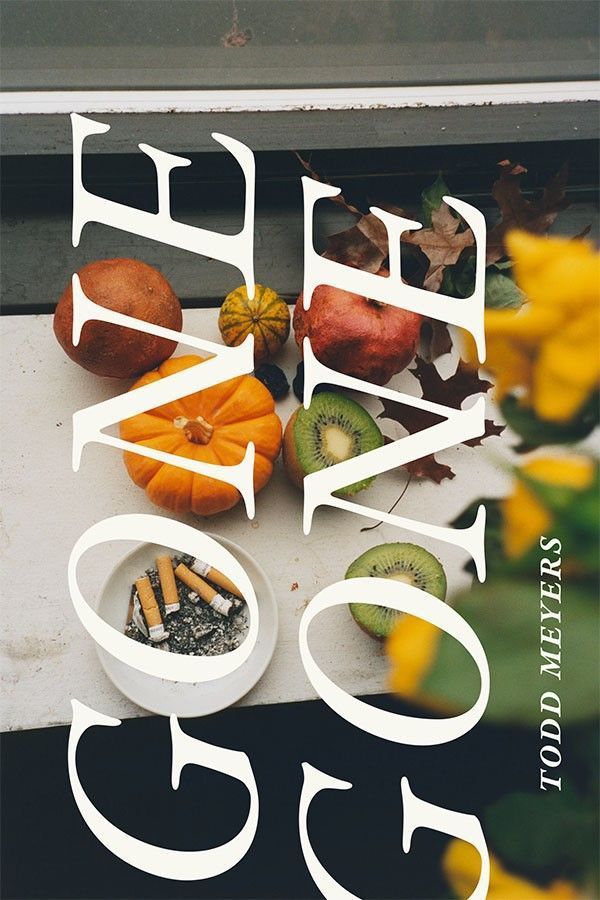 Cover of Gone Gone by Todd Meyers. Cover has an image of a variety of fruits, flowers, and cigarettes. The title in written in a large font in all capital letters, sideways across the cover. The author's name is written to the right of the title, sideways in all capital letters.