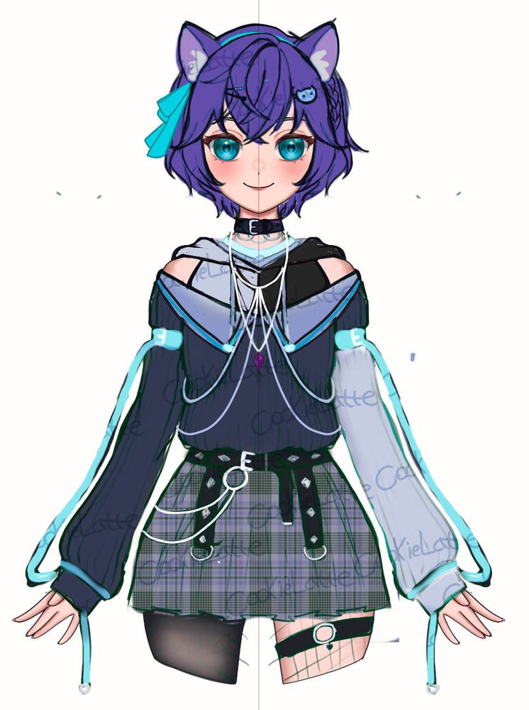 Vtuber anime girl emo outfit style with purple hair and leather belts design model 