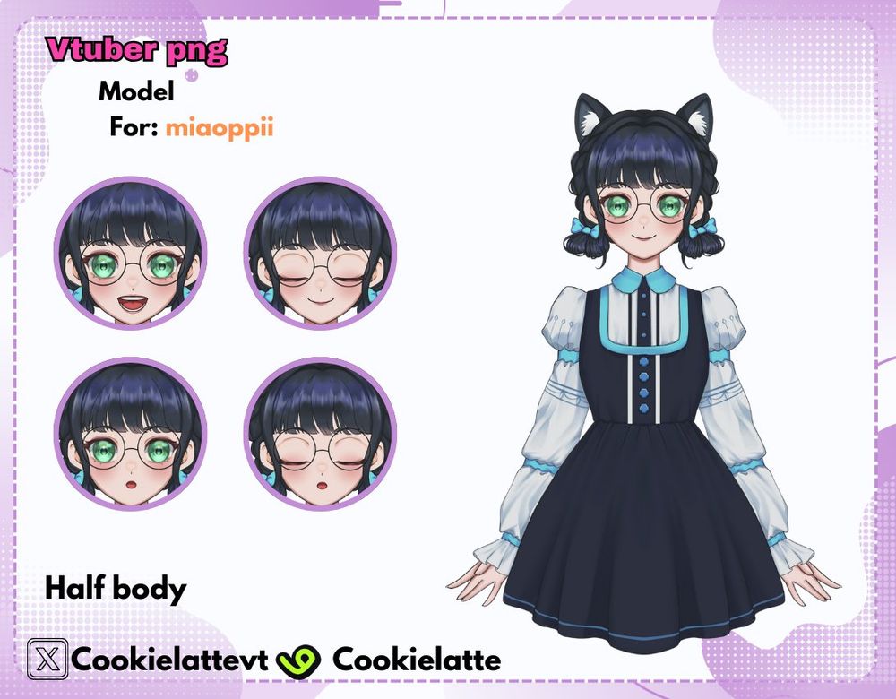 png vtuber model of anime cat girl with black hair and elegant black dress and blue stripes ,green eyes wearing glasses