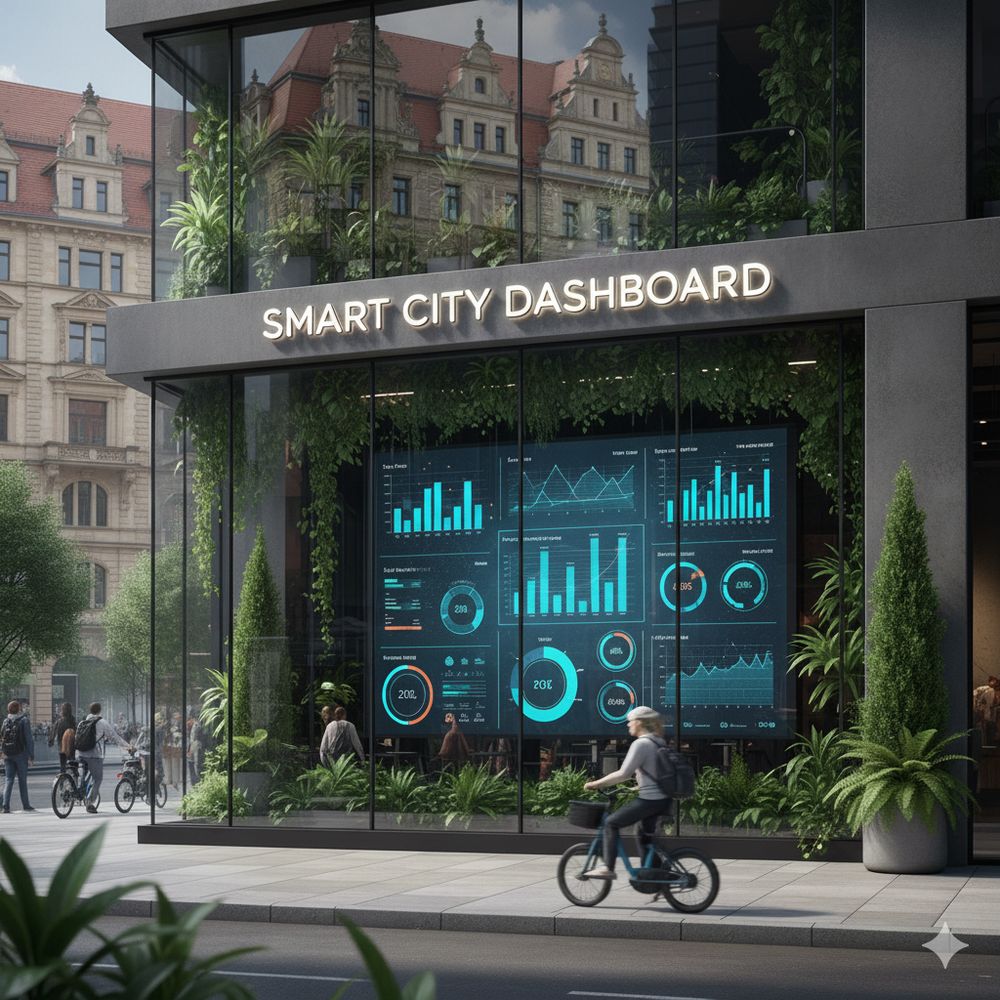 Ein mit Google Gemini KI-generiertes Bild. Auf dem Bild ist ein mehrstöckiges Gebäude mit Glasfassade und vielen Pflanzen im und um das Gebäude zu sehen. Im Erdgeschoss ist hinter der Glasfront ein riesiger Bildschirm, der als Dashboard dient und verschiedene Grafiken und Diagramme anzeigt. Über der Glasfront steht "SMART CITY DASHBOARD".