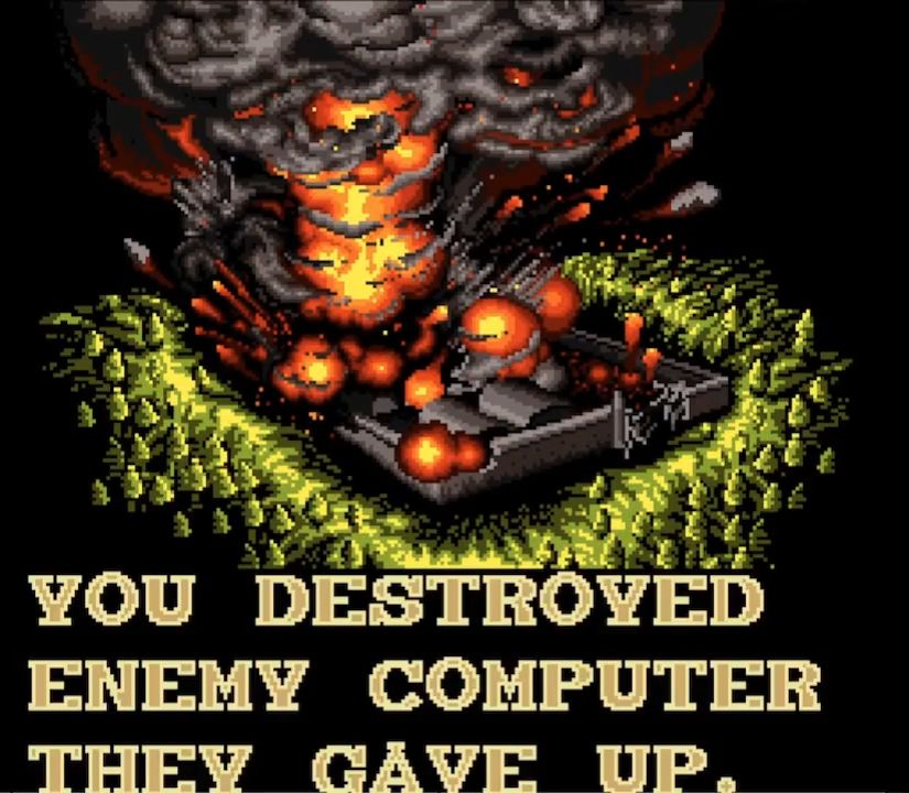 an exploded base with text: you destroyed enemy computer they gave up.