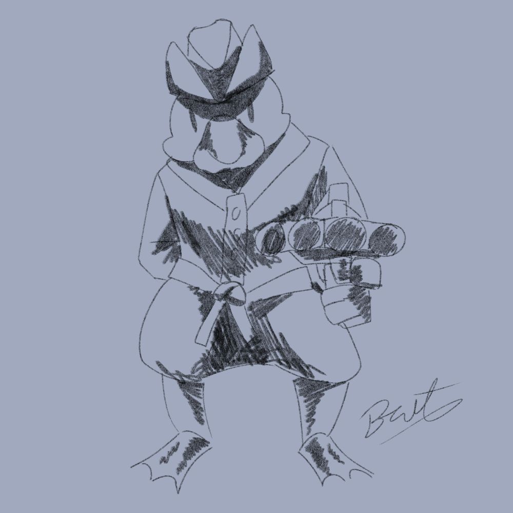A digital sketch of a duck wearing a cowboy like hat. The duck has one arm behind thier back and the other holding a duck foot pistol forward