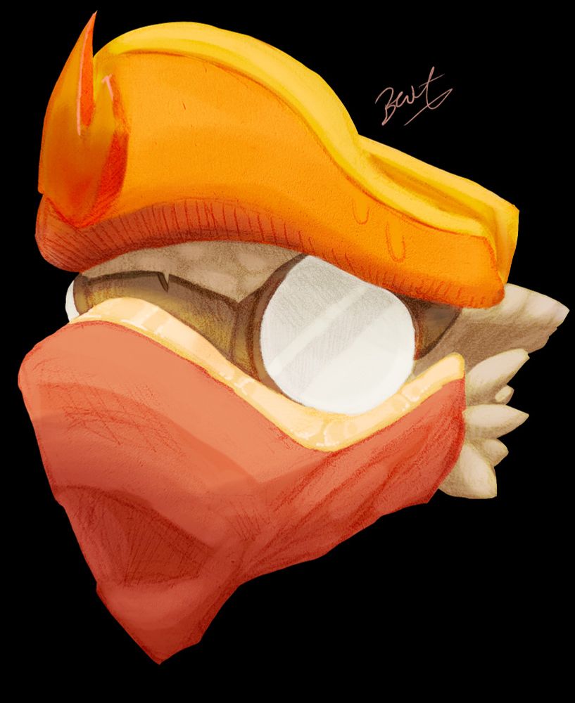 A scorched unit wearing a simple pirate head with a fire emblem on the front and with thier googles down. A shocked open mouth expression appearing through their mask