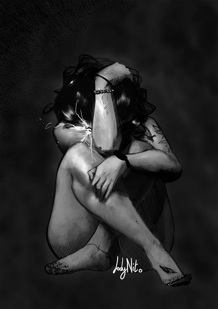 Naked girl curled up on herself, with her head between her knees. Only her right eye can be seen, white and sparkling, looking at you. Her long black hair are almost floating. Dark background