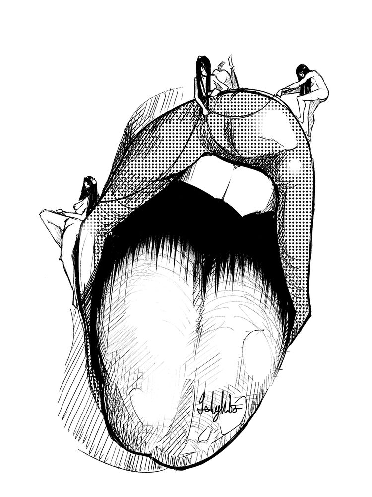 A mouth wide open with the tongue out. The inside in completely dark. one of the two teeth shown is sharp. On the lips, three black-haired girls seem to keep the mouth open with some cables.