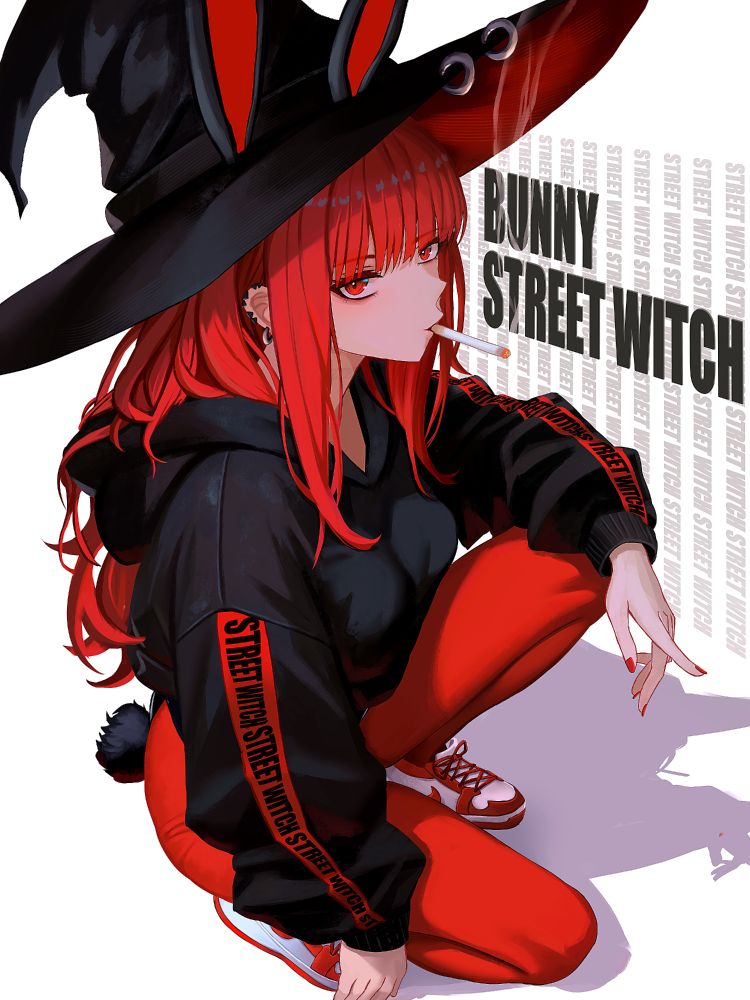 A stylized anime-style illustration of a woman with long red hair and sharp red eyes, squatting in a confident pose. She wears a black hoodie with red stripes that read "STREET WITCH" along the arms, red tights, and red and white sneakers sneakers. Atop her head is a large, floppy black witch hat with bunny ears sticking out. She has a cigarette in her mouth, and her expression is cool and detached. Behind her, bold text reads "BUNNY STREET WITCH" with repeating "STREET WITCH" in a faded font. The overall aesthetic blends street fashion with witchy fantasy.