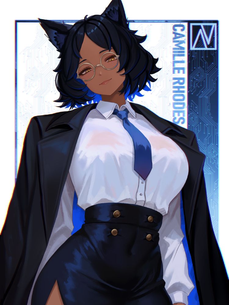 An anime illustration of Camille Rhodes, a confident, sharp-looking woman with dark skin, short wavy black hair, and cat ears. She wears round glasses and a composed smile, exuding intelligence and charisma. Camille is dressed in a crisp white blouse, blue tie, and high-waisted dark blue skirt with gold buttons, paired with a black coat draped over her shoulders. Behind her is a digital circuit-like background with her name, “CAMILLE RHODES,” displayed vertically in sleek blue and white text. 