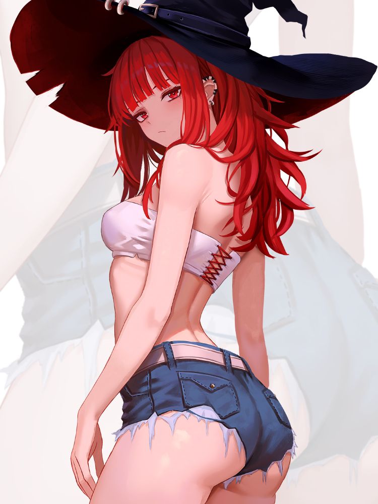  An anime-style illustration of Val with long, vibrant red hair and striking red eyes. She wears a large black witch hat and a summer outfit consisting of a white bandeau top with red stitching on the back and frayed, denim short shorts. Her pose is turned slightly and she is giving a bold, self-assured glance at the viewer.