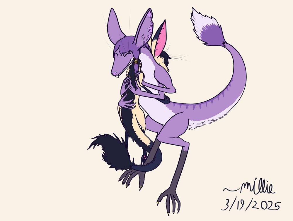 A cream-colored yinglet and a purple fox-ying hugging eachother. It is me and @yaodema