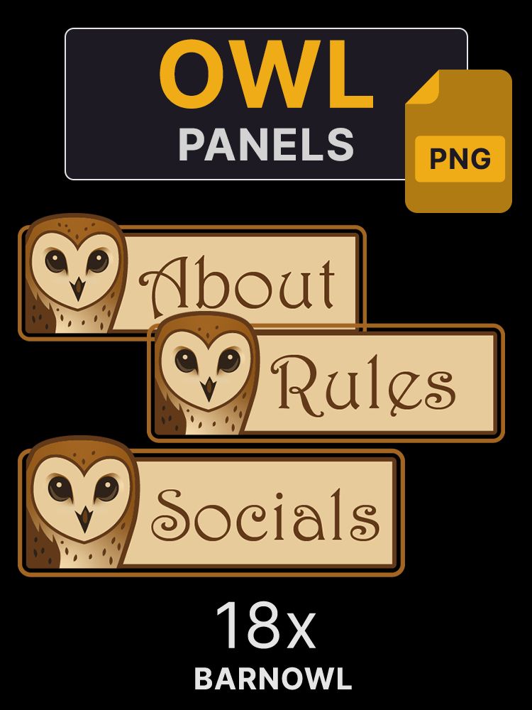 An image that says: "Owl Panels, PNG. 18x Barnowl". It has a preview of 3 different panels that say "About", "Rules" and "Socials".