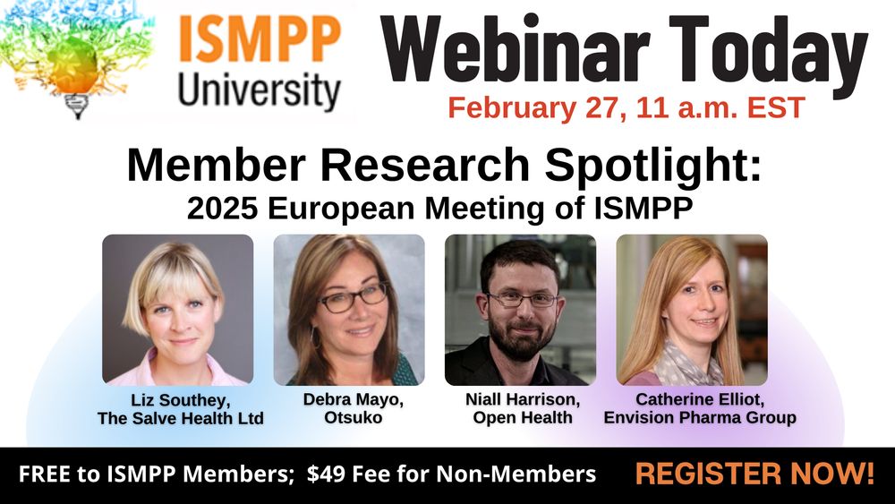 Graphic includes the text: ISMPP U webinar today! Member Research Spotlight: 2025 European Meeting of ISMPP.  Feb. 27 at 11 a.m. EST. Earn one CMPP credit. Register now

Faculty includes: @Elizabeth Southey, @Debra Mayo, @Niall Harrison, @Catherine Elliott