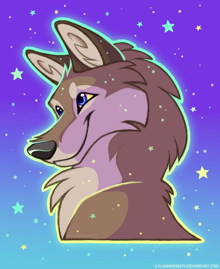 Aleu, the wolf dog from Balto 2, shown from the chest up with a happy expression. The background is a blue and purple gradient and she's surrounded by teal and yellow stars and a teal and yellow outline.