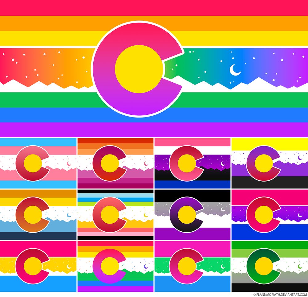 The Colorado state flag remixed with several Pride flag colors - rainbow, trans, lesbian, genderfluid, nonbinary, aroace, queer, ace, bi, pan, rainbow with white background, poly, and aromantic